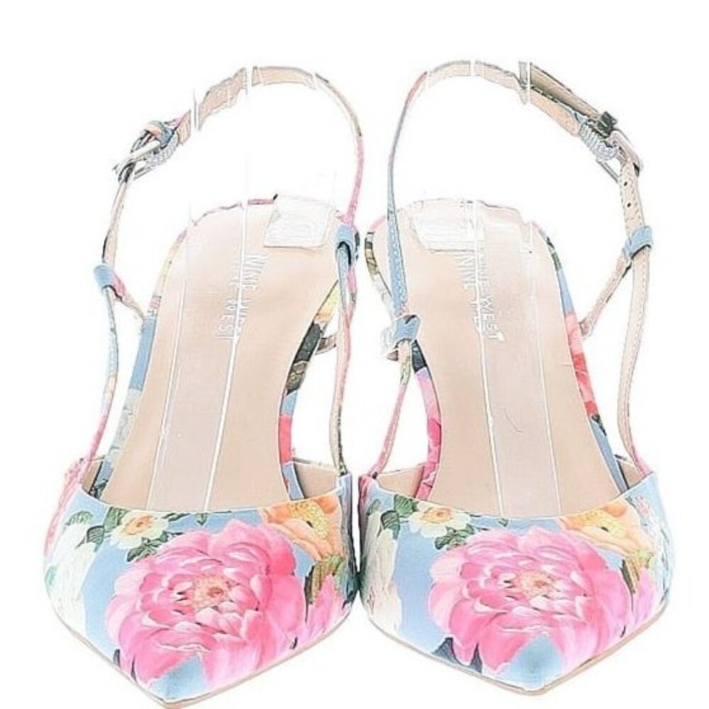 DESIGNER NINE WEST FLORAL PRINT POINTED TOE KITTEN HEEL SLINGBACKS SIZE 8.5 M - Picture 4 of 14
